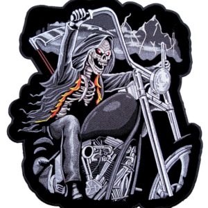 Large biker patch of the grim reaper on a motorcycle
